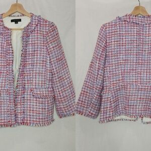 Ann Taylor Pink & White Tweed Fringe Open Blazer